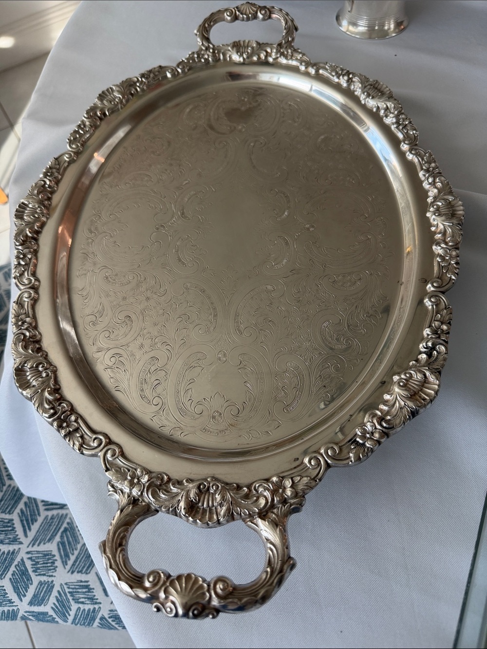 Heavy Silver on Copper Vintage Oval Tray